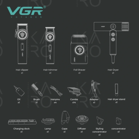 VGR PRO 4IN1 zestaw w walizce maszynka + trymer + golarka + suszarka - 4